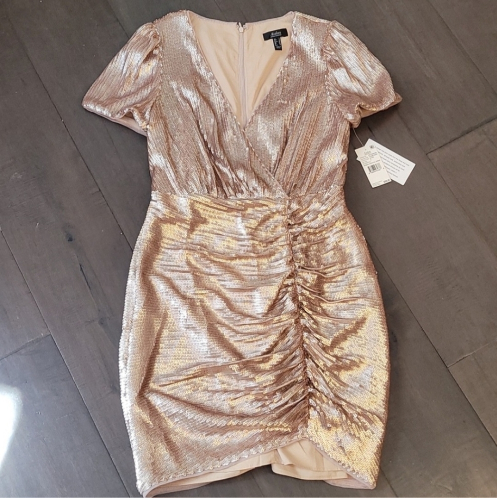 NWT Aidan Mattox Champagne Sequin Puff Sleeve Mini Cocktail Dress 6